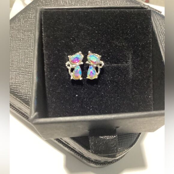 - 😺Petite Tiny Sterling Silver (925) Iridescent Diamond Cat Earrings💎 - Picture 12 of 16